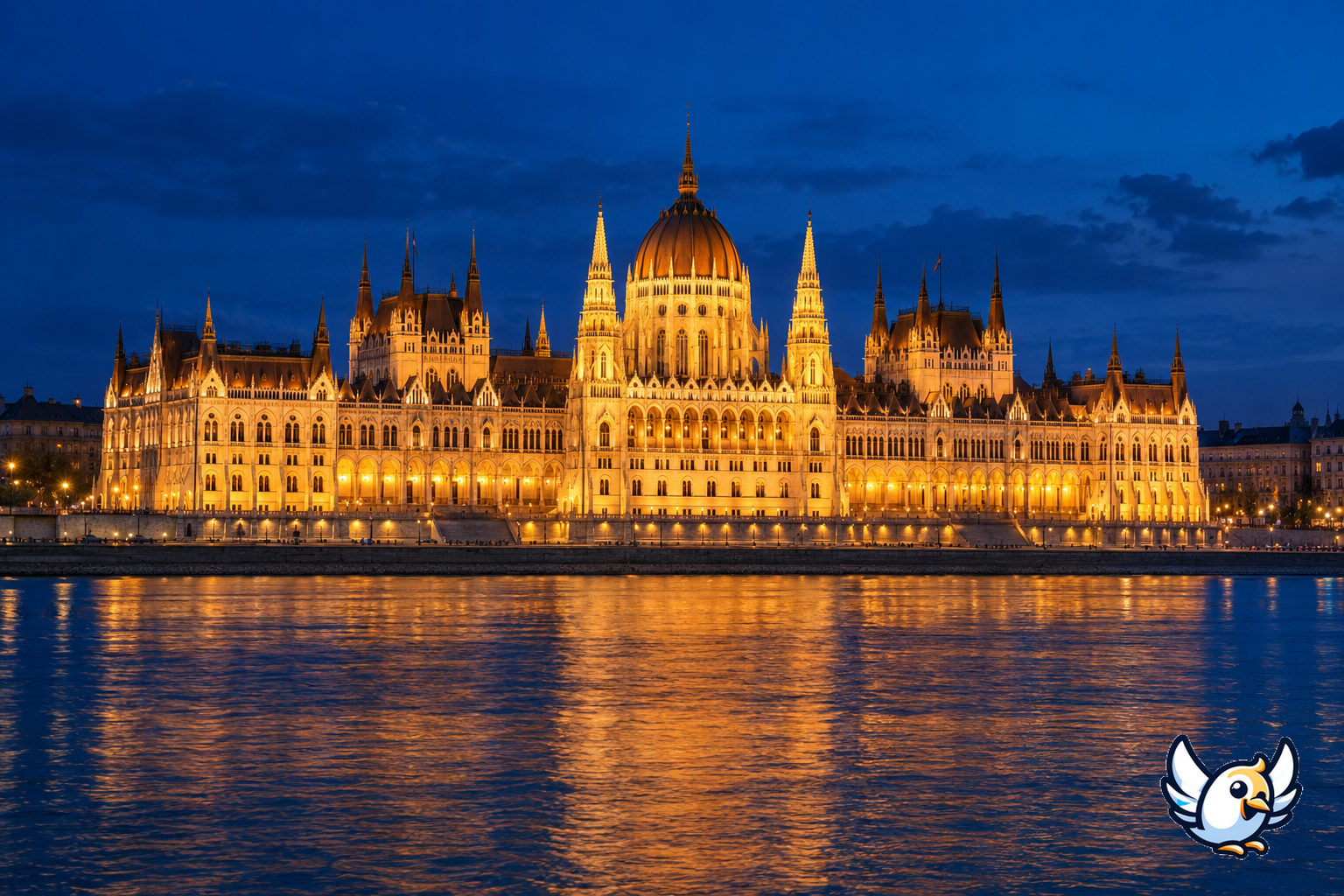Budapešť na silvestrovský pobyt: osvetlený parlament pri Dunaji za zimného súmraku