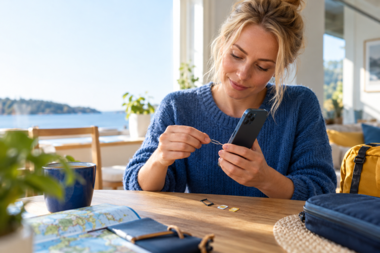 Byta simkort: person som byter nano-SIM i en smartphone 2026