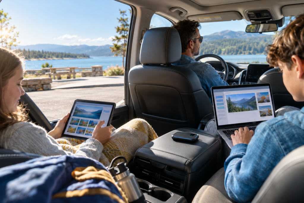 Car WiFi for a road trip with passengers connected inside a modern car
