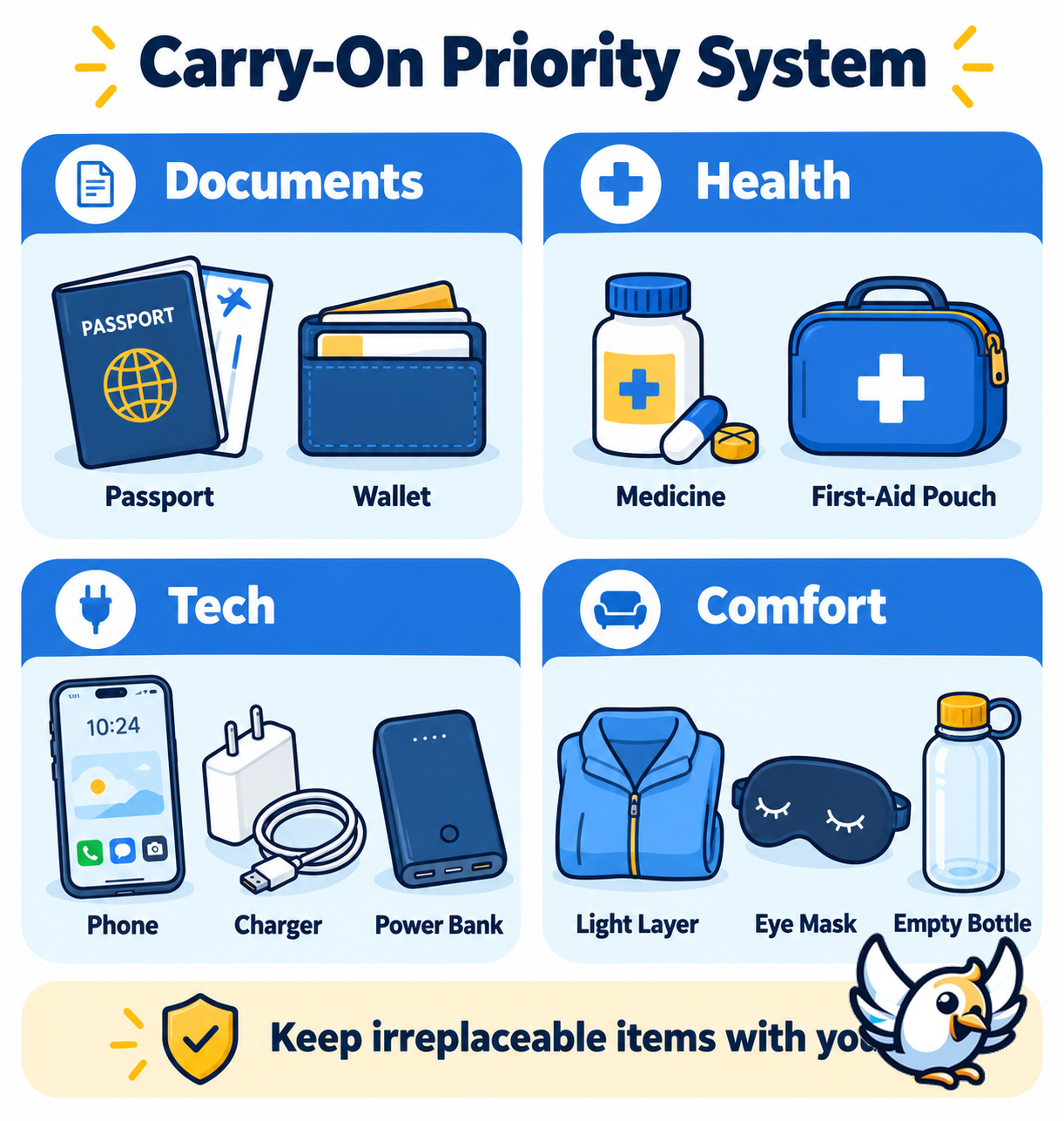 Carry-on priority system for organizing essential travel items