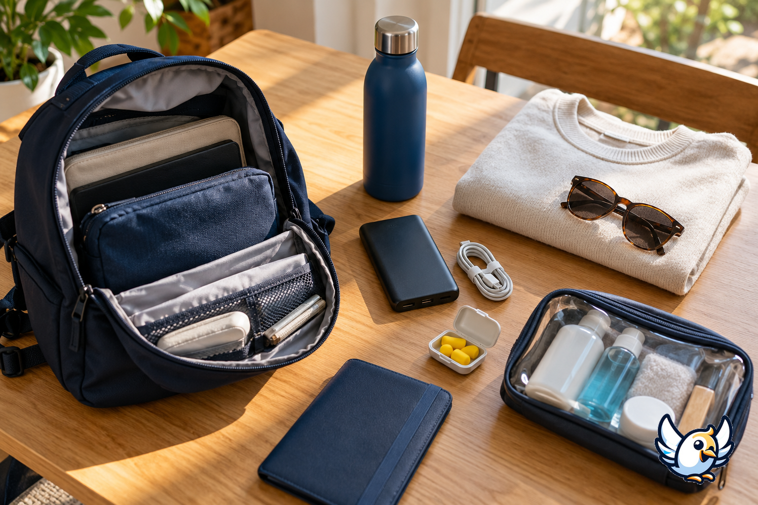 Compacte reisbenodigdheden voor onderweg met dagrugzak, powerbank en hervulbare fles