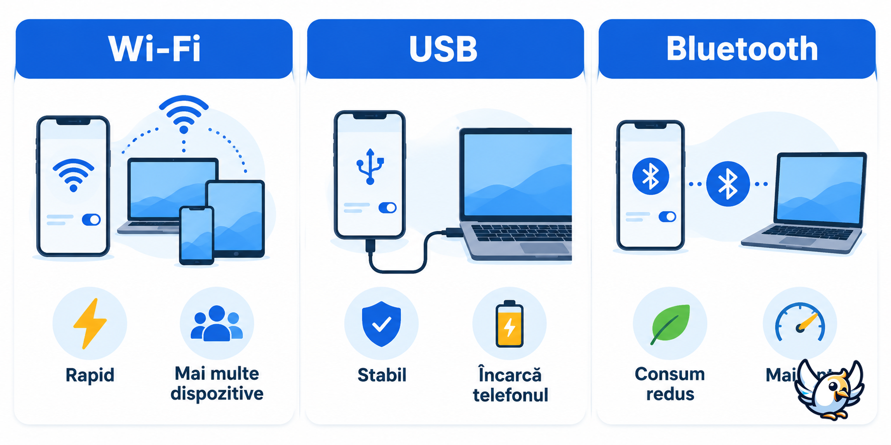 Comparație hotspot mobil prin Wi‑Fi, USB și Bluetooth