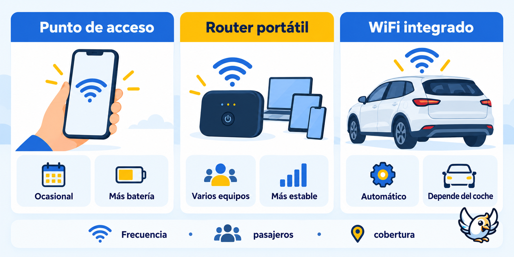 Comparativa visual de WiFi para coche con móvil, router portátil y sistema integrado
