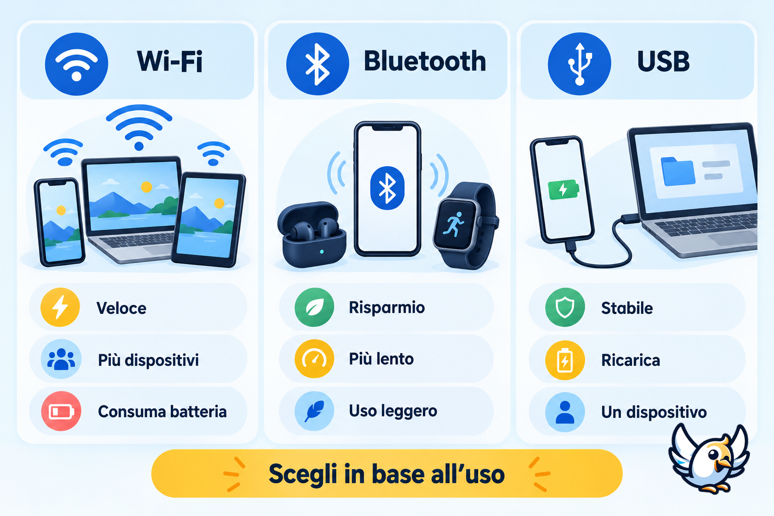 Confronto tra hotspot Wi-Fi, tethering Bluetooth e collegamento USB
