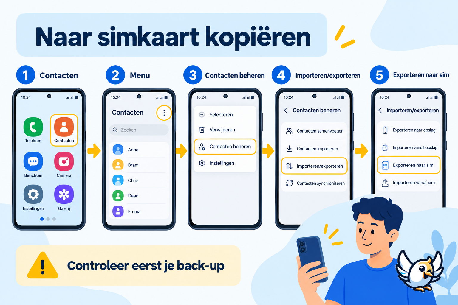 Contacten naar simkaart kopiëren op een Android-telefoon