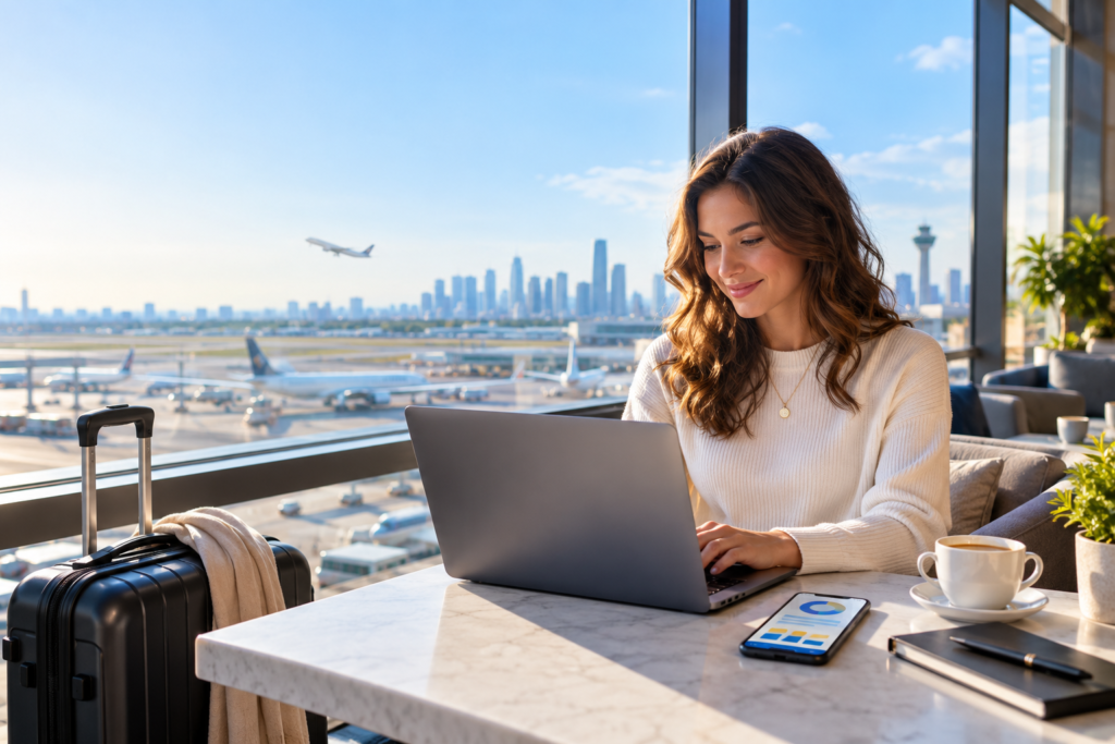 Data for laptop: traveler working online with a mobile connection
