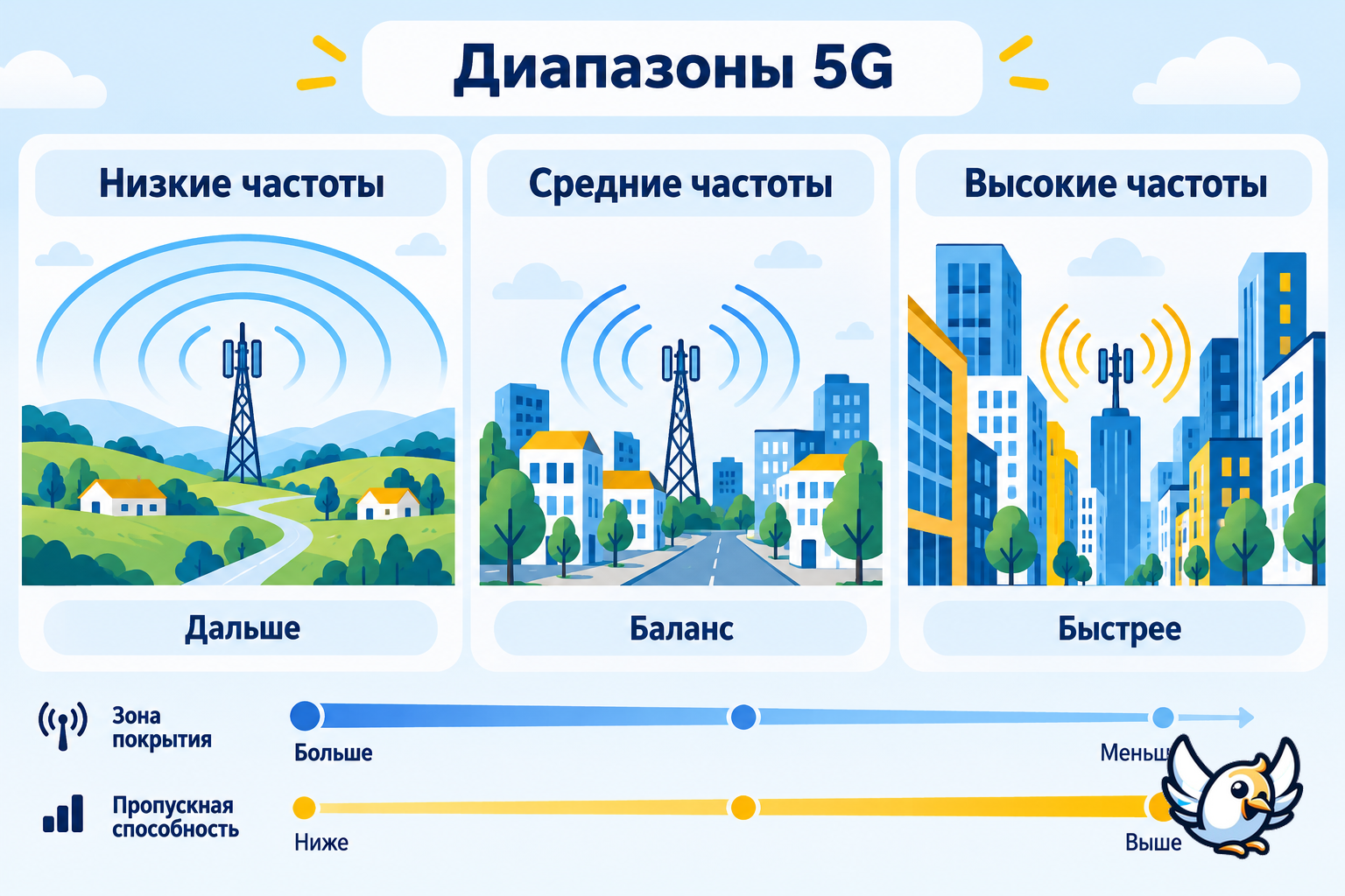 Диапазоны 5G: низкие, средние и высокие частоты в сравнении
