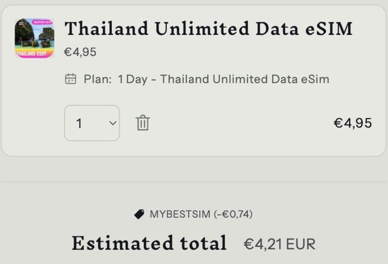 Ordresammendrag fra Earth eSIM med rabattkoden MYBESTSIM brukt og -15% rabatt