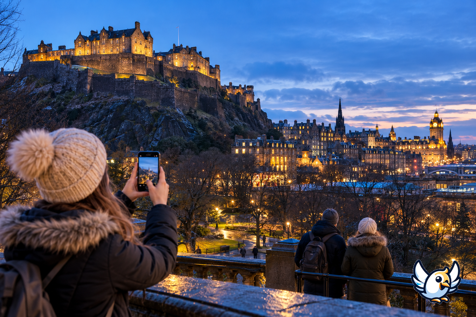 Edinburgh Castle at winter dusk on a New Year’s vacation in Scotland