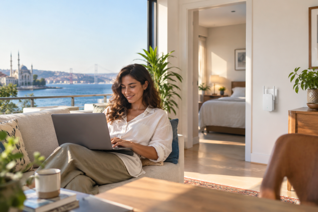 En iyi WiFi sinyal güçlendirici ile evde güçlü bağlantı kullanan kişi