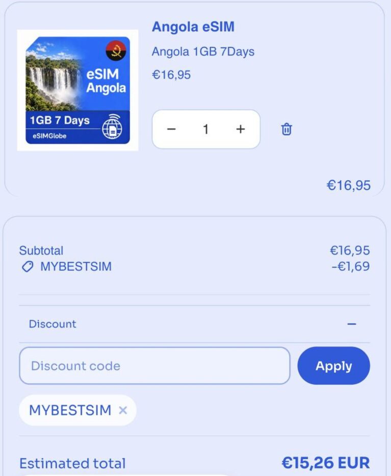 Ordresammendrag fra eSIMGlobe med rabattkoden MYBESTSIM brukt og -10% rabatt