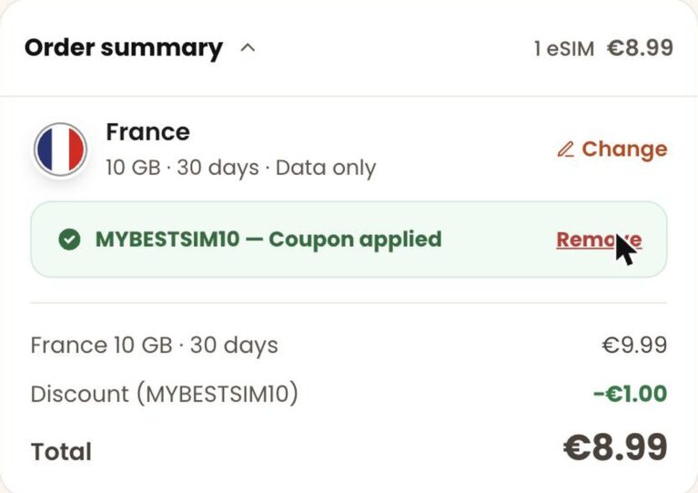 Ordresammendrag fra eSIMFox med rabattkoden MYBESTSIM10 brukt og -10% rabatt
