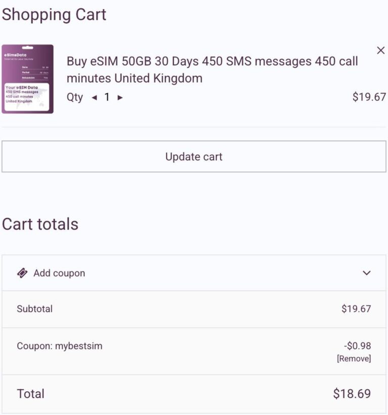 Ordresammendrag fra eSimsData med rabattkoden MYBESTSIM brukt og -5% rabatt