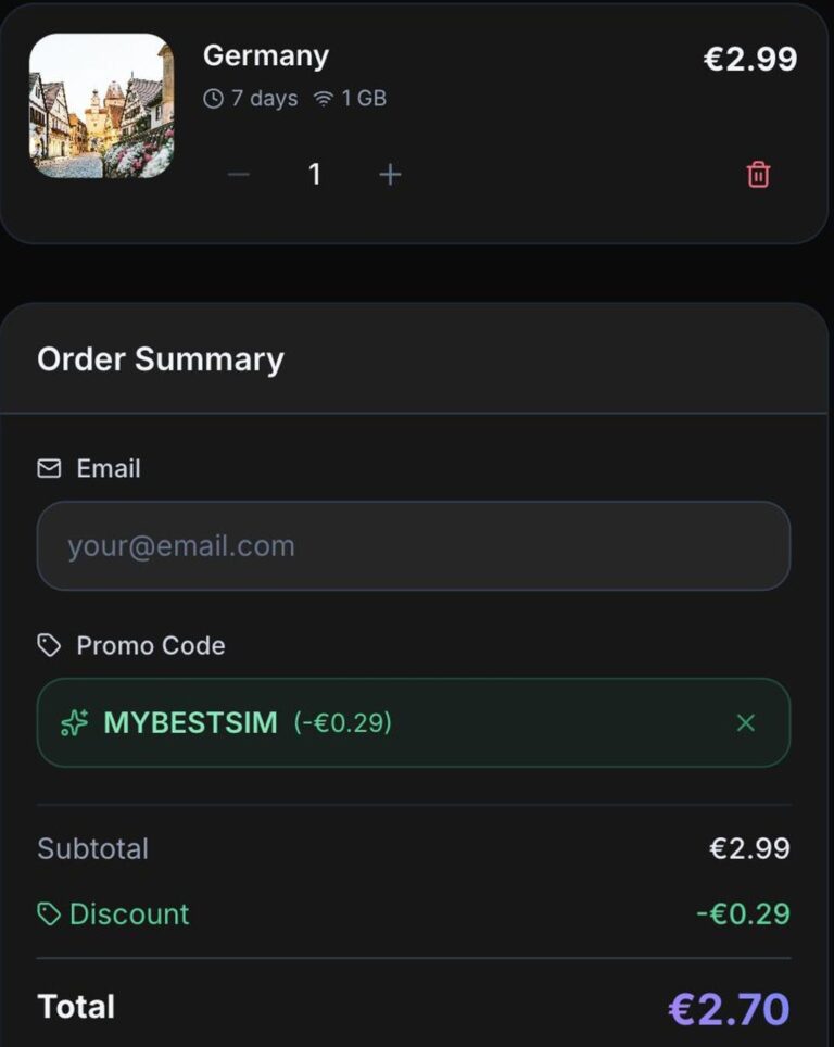 Ordresammendrag fra esimystic med rabattkoden MYBESTSIM brukt og -10% rabatt