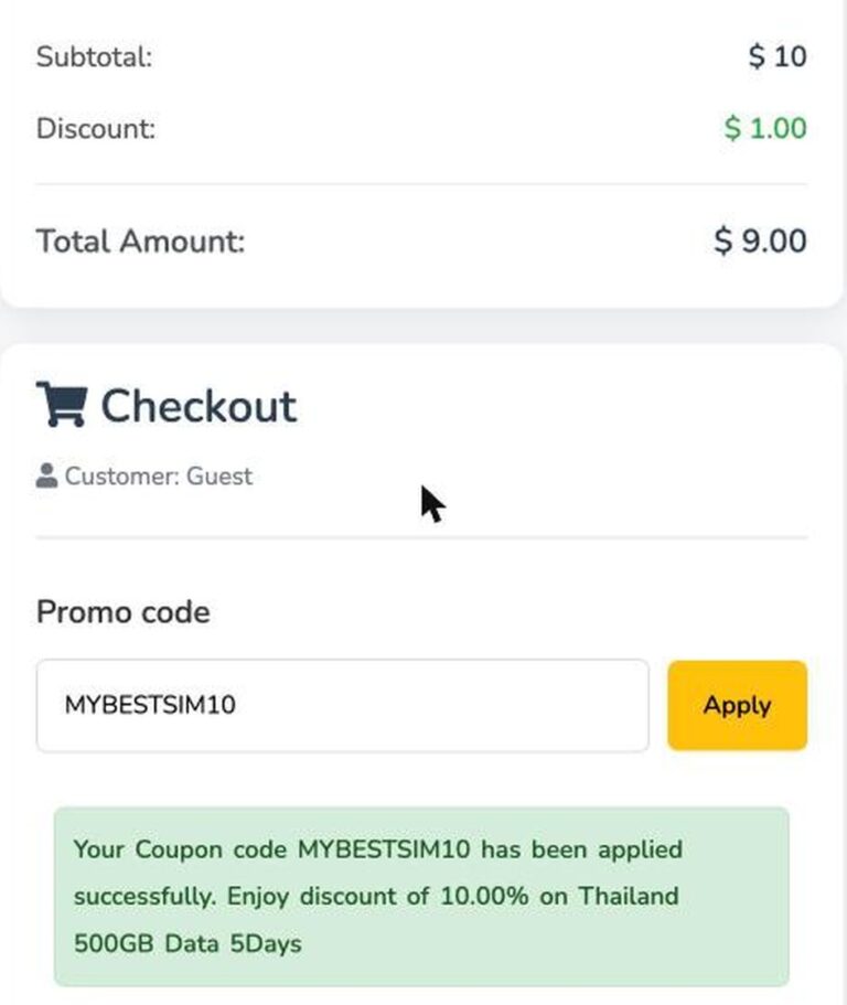 Ordresammendrag fra esimzon med rabattkoden MYBESTSIM10 brukt og -10% rabatt