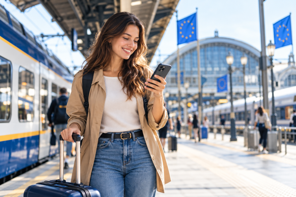 EU free roaming rules: traveller using a smartphone at a European railway station