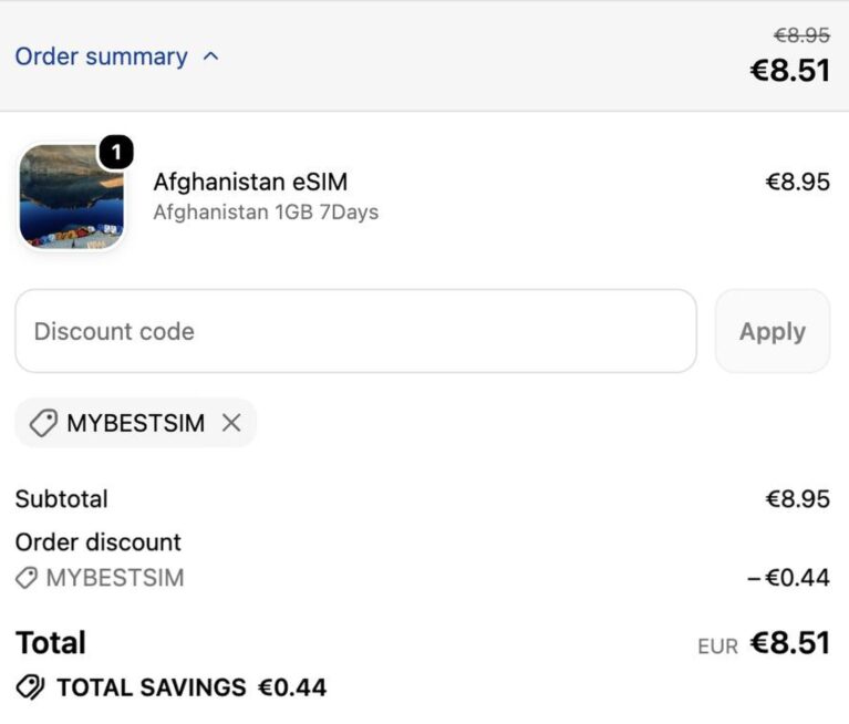 Ordresammendrag fra Ezy eSIM med rabattkoden MYBESTSIM brukt og -5% rabatt