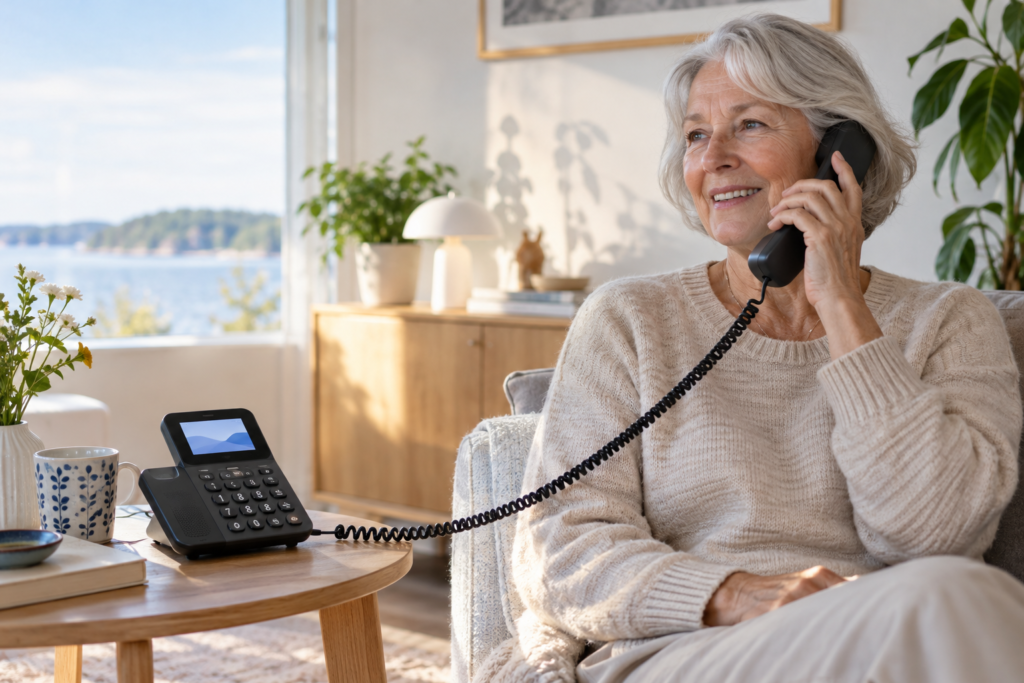 Fast telefon med SIM-kort i ett ljust svenskt hem
