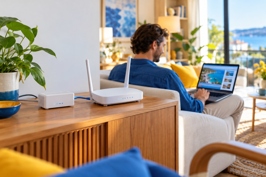 Fiber optic WiFi router and separate ONT in a bright home office