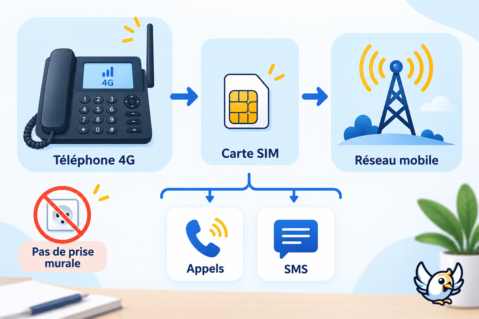 Fonctionnement d’un téléphone fixe avec carte SIM 4G expliqué en schéma