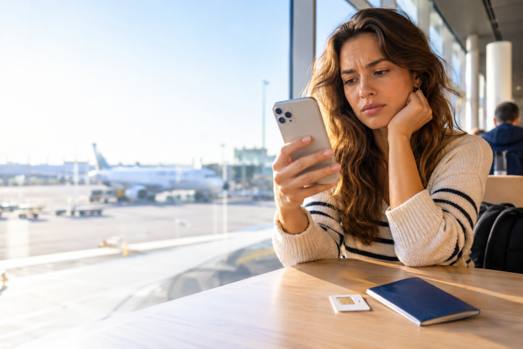 Forgot SIM PIN: traveler checking a locked SIM on a smartphone