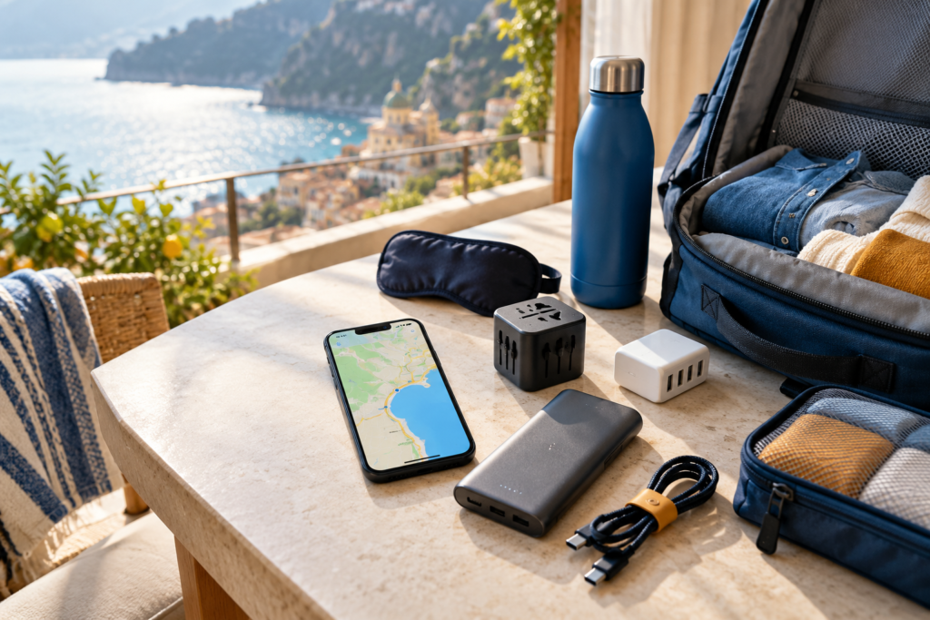 Gadżety podróżne do bagażu podręcznego: powerbank, adapter i organizer