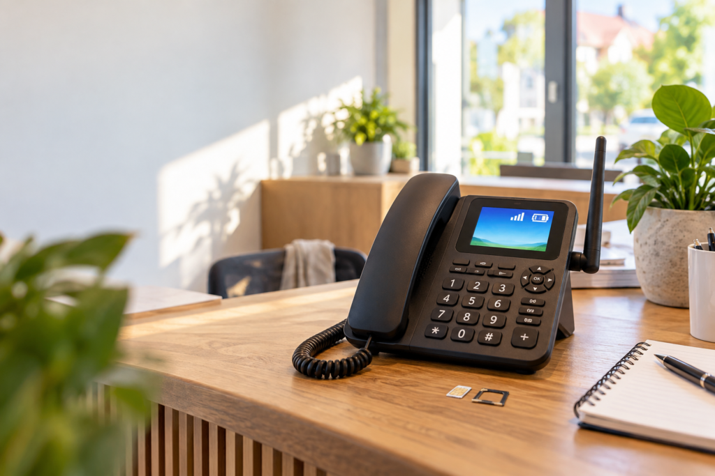 GSM asztali telefon SIM-kártyával egy modern otthoni irodában
