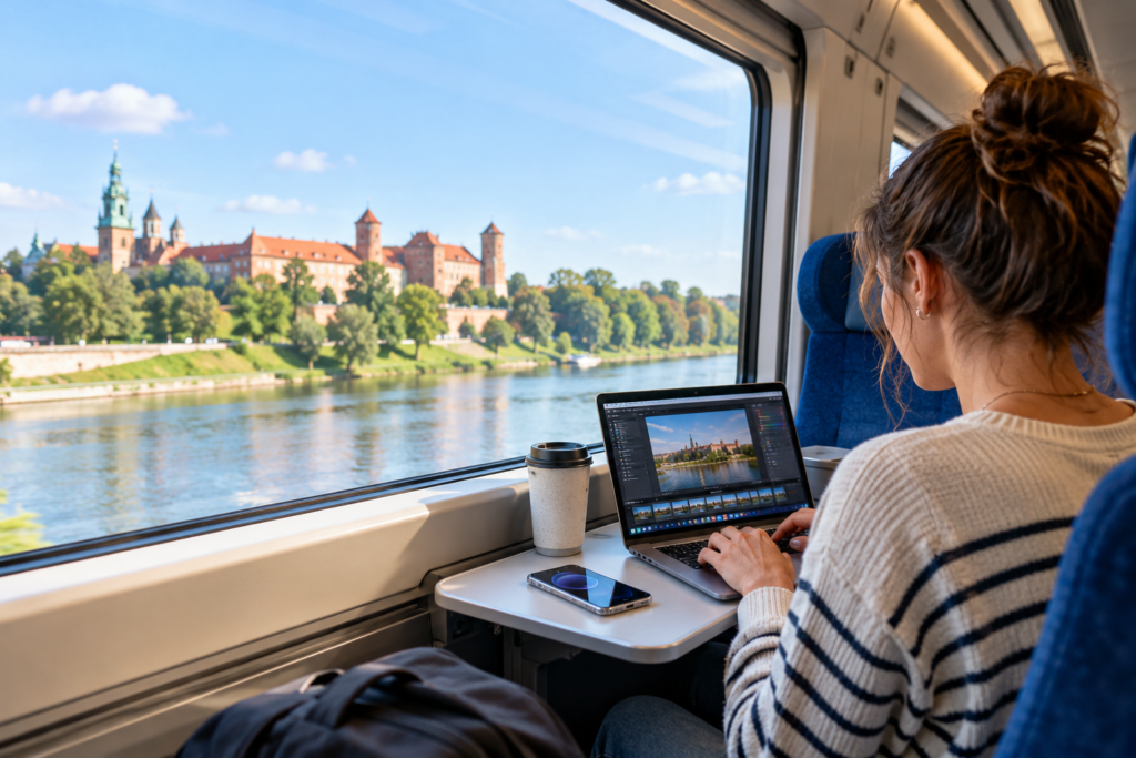 Hotspot osobisty iPhone – podróżna udostępnia internet z telefonu na laptop