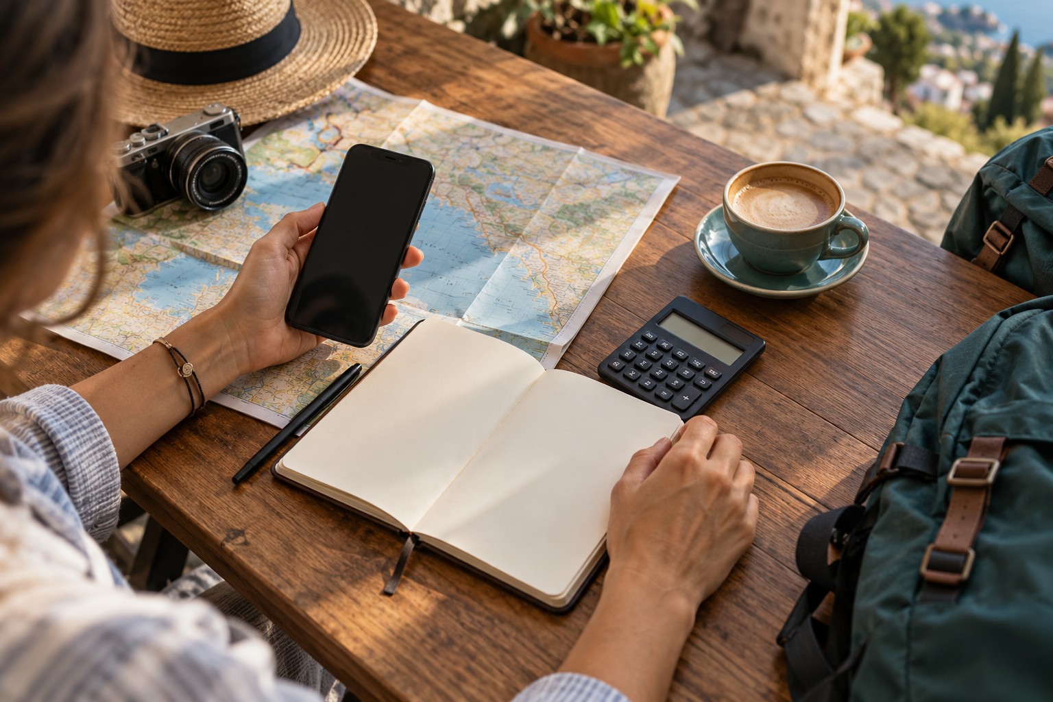 Traveler comparing trip expenses with a smartphone, notebook and calculator at a cafe table