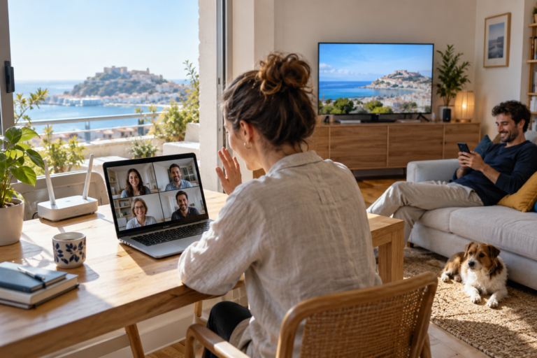 Internet 5G en casa con router inalámbrico y teletrabajo conectado
