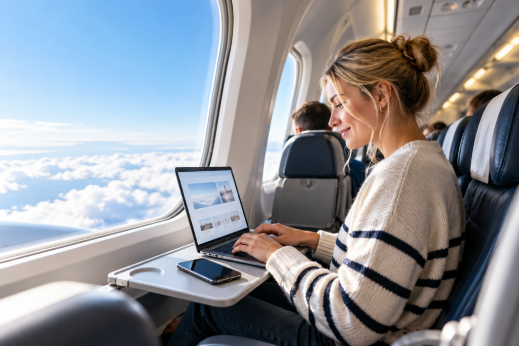 Internet på flygplan – resenär använder wifi ombord under flygningen