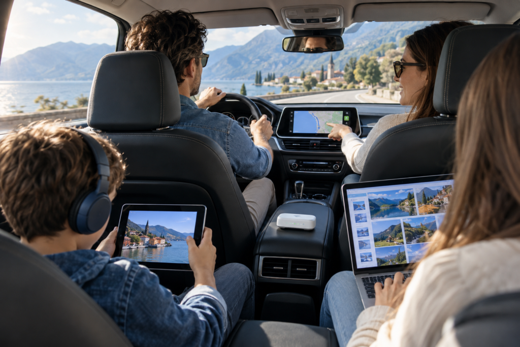 Internet w samochodzie podczas rodzinnej podróży z hotspotem i routerem mobilnym