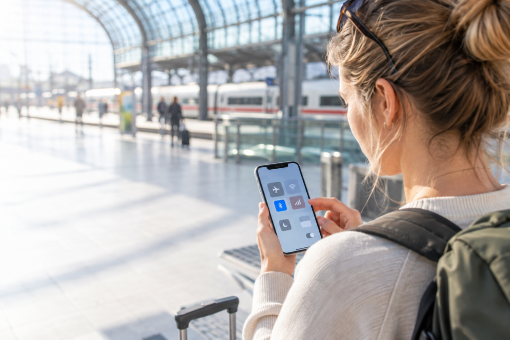 iPhone kein Netz: Nutzerin prüft den Mobilfunkempfang am Bahnhof