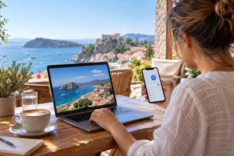 iPhone kişisel erişim noktası ile dizüstü bilgisayara internet paylaşan kullanıcı