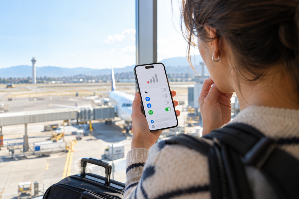 iPhone No Service troubleshooting: traveler checking cellular signal on an iPhone