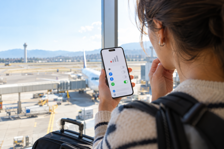 iPhone No Service troubleshooting: traveler checking cellular signal on an iPhone