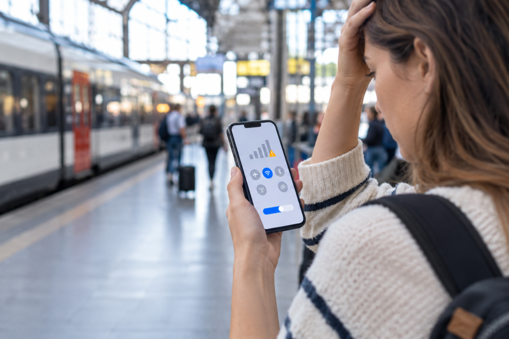 iPhone sin servicio: usuario revisando la cobertura móvil y los ajustes de red