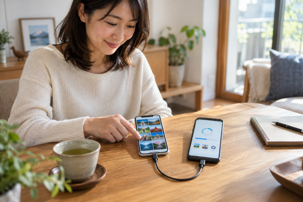 iPhoneからAndroidへデータ移行するためケーブルで2台を接続する様子