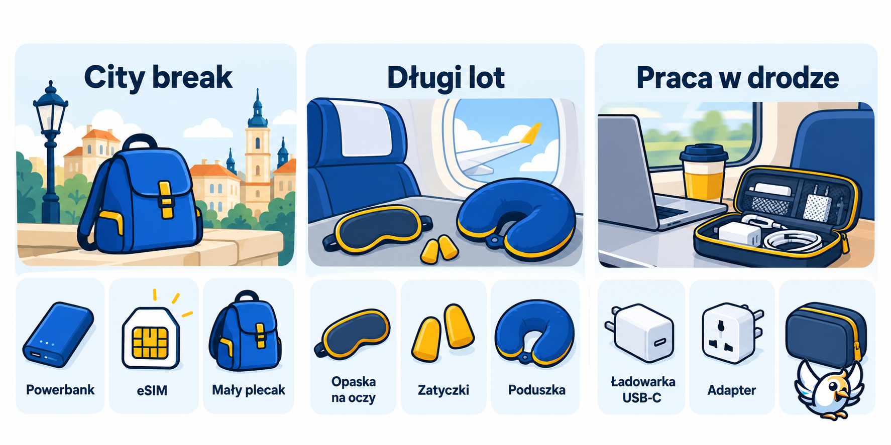 Jak dobrać gadżety podróżne do city breaku, długiego lotu i pracy w drodze