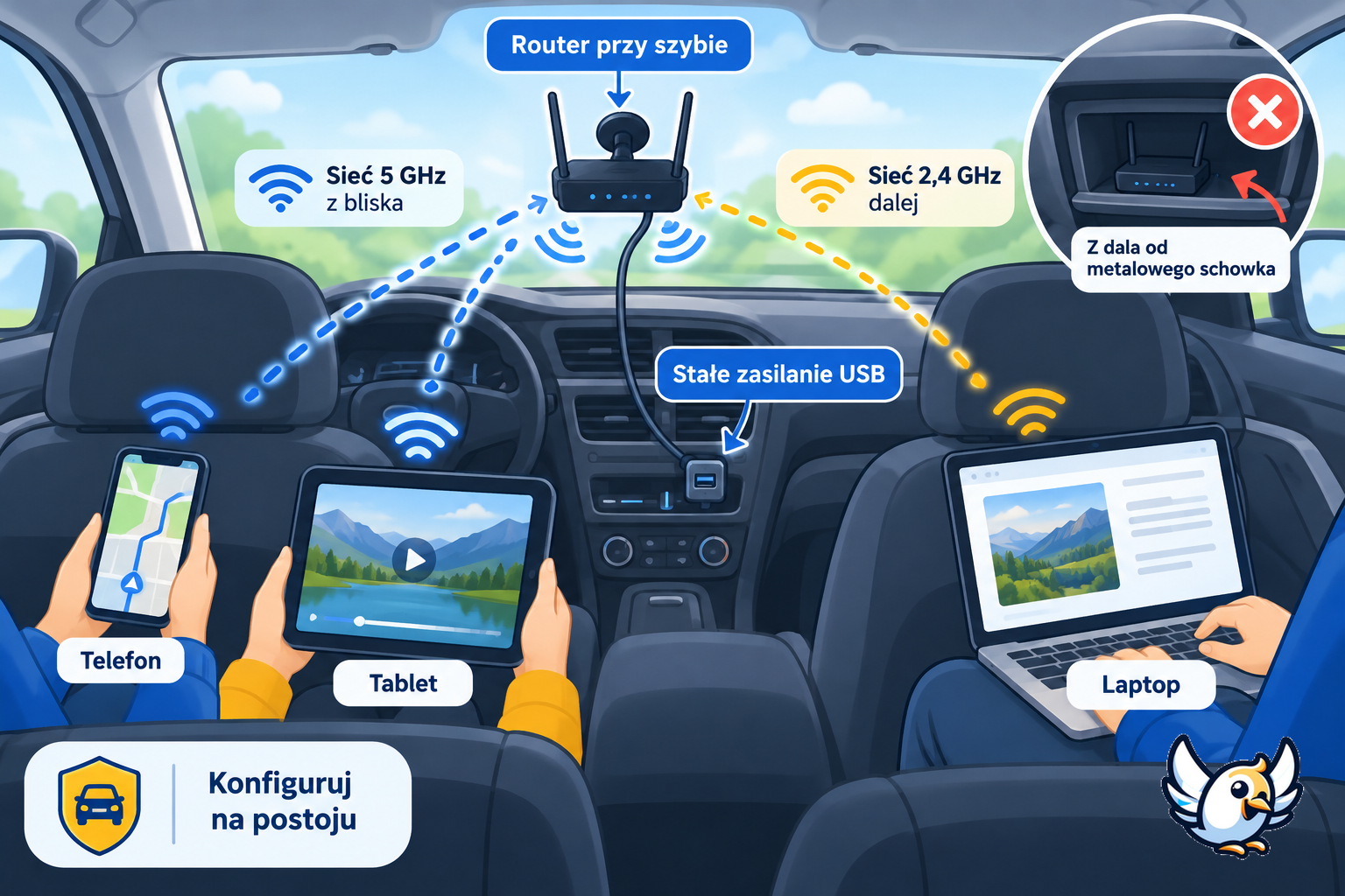 Jak ustawić stabilny internet w samochodzie — router, zasilanie i urządzenia