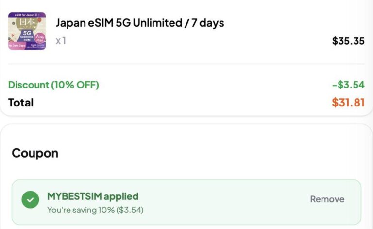 Ordreoversigt fra Japan Wireless med rabatkoden MYBESTSIM anvendt og -10% rabat