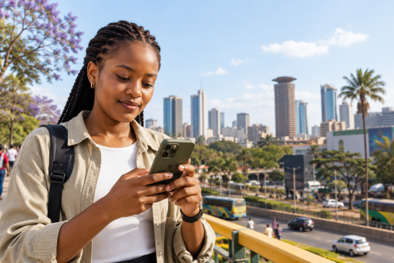 Kenya SIM deactivation law 2026: mobile user checking an active Kenyan phone line in Nairobi