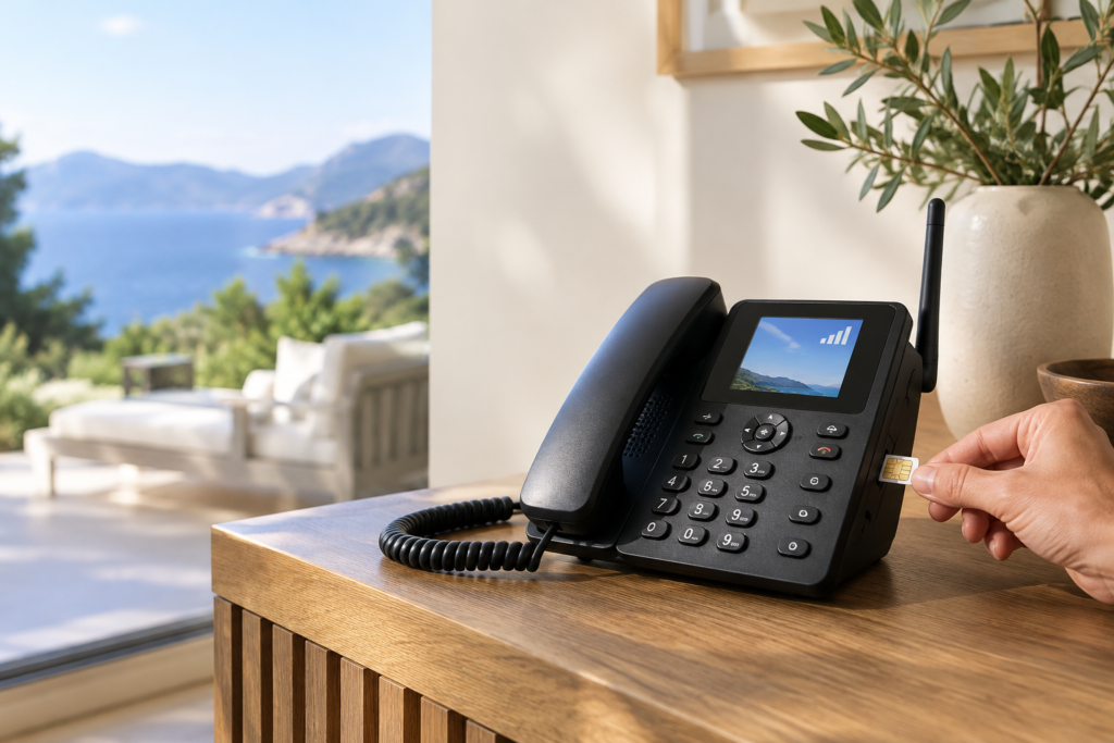 Landline phone with SIM card in a modern home using a cellular network