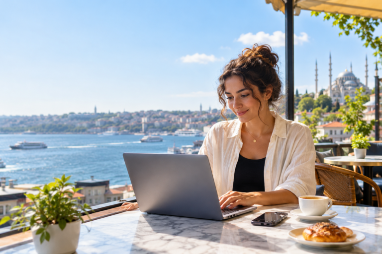 Laptop için internet kullanan bir gezginin telefon bağlantısıyla bilgisayardan çalışması