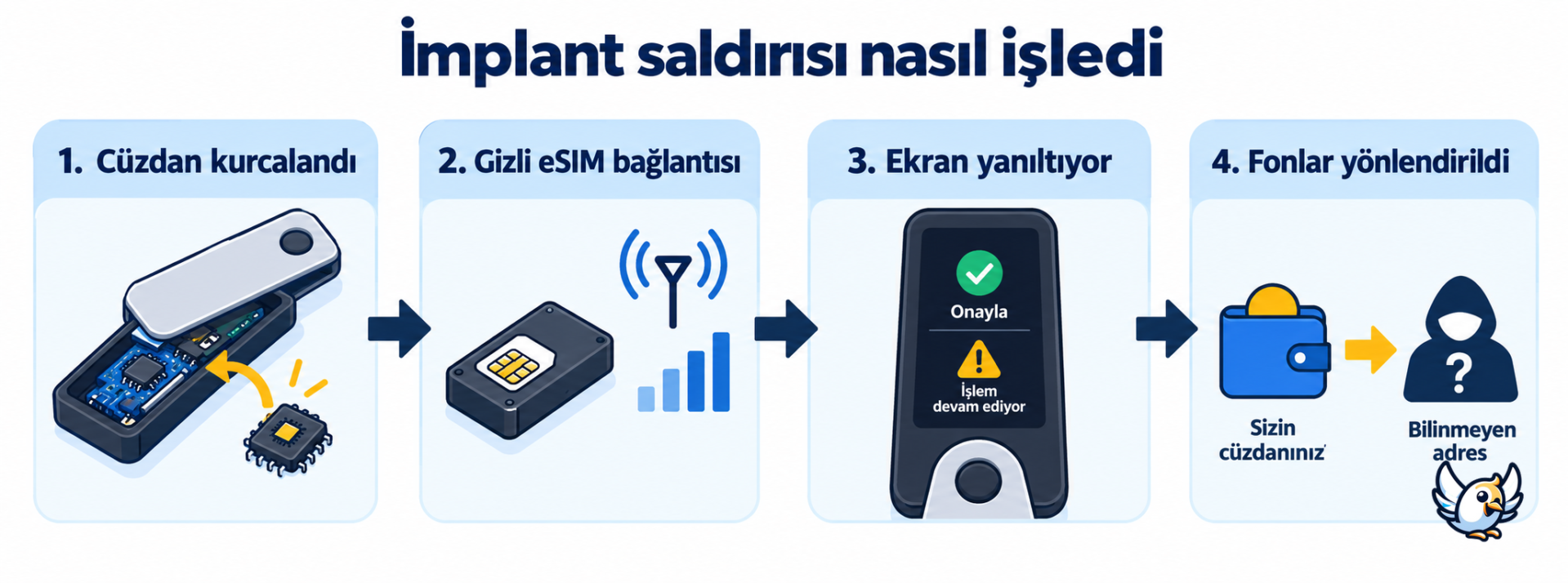 Ledger cüzdanındaki eSIM implant saldırısının dört aşamada nasıl işlediğini gösteren şema