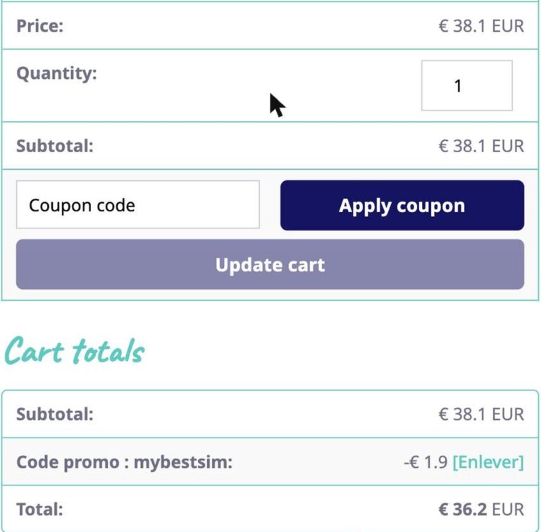 Ordresammendrag fra LinkeSIM med rabattkoden MYBESTSIM brukt og -5% rabatt