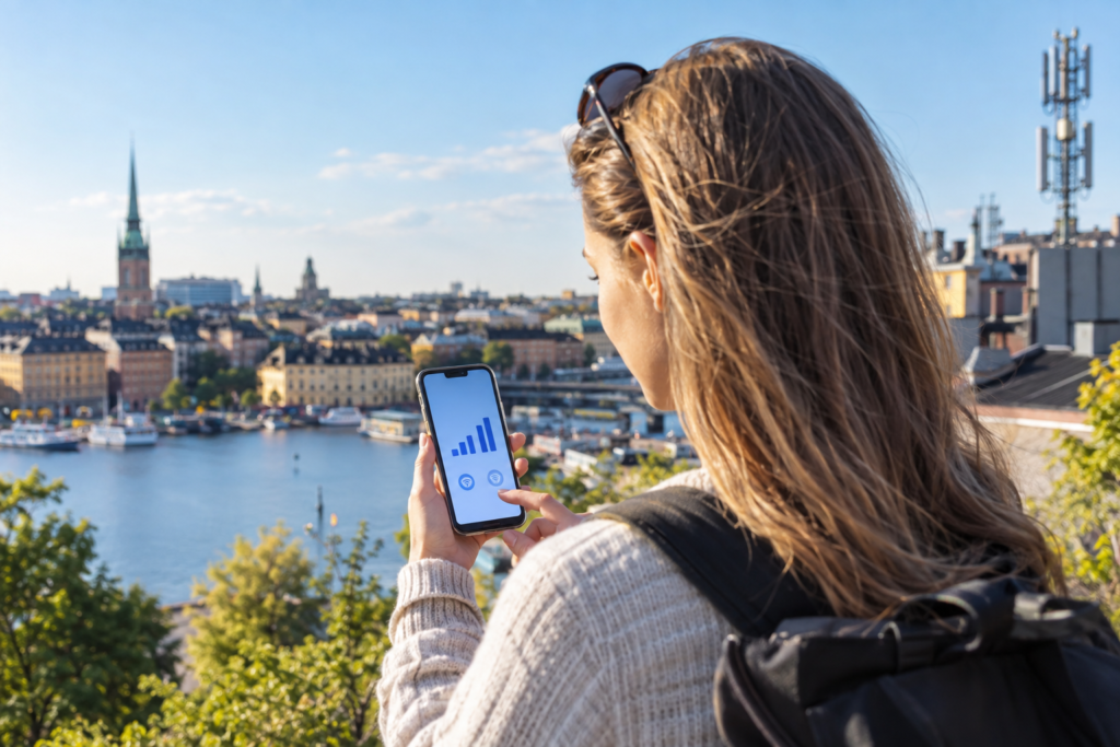 LTE vs 4G – mobilanvändare kontrollerar uppkopplingen i stadsmiljö