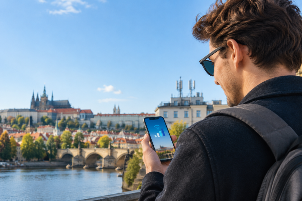 LTE vs 4G: uživatel sleduje mobilní připojení ve městě