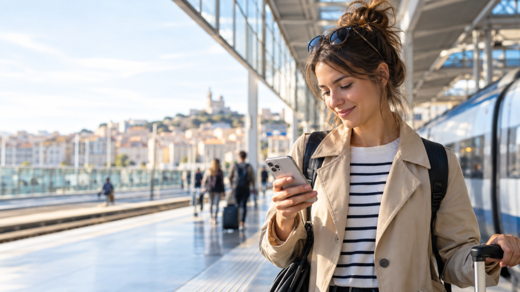 LTE vs 4G : voyageuse utilisant un smartphone connecté sur un réseau mobile