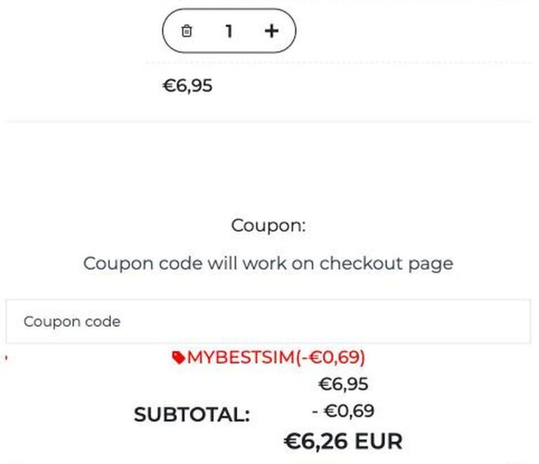 Ordresammendrag fra MicroeSIM med rabattkoden MYBESTSIM brukt og -10% rabatt